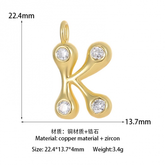 Imagen de 1 Unidad Latón Colgantes Letra Mayúscula Chapado en Oro de 14K Mensaje " K " Claro Circón Artificial 22.4mm x 13.7mm