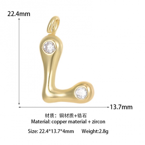 Imagen de 1 Unidad Latón Colgantes Letra Mayúscula Chapado en Oro de 14K Mensaje " L " Claro Circón Artificial 22.4mm x 13.7mm