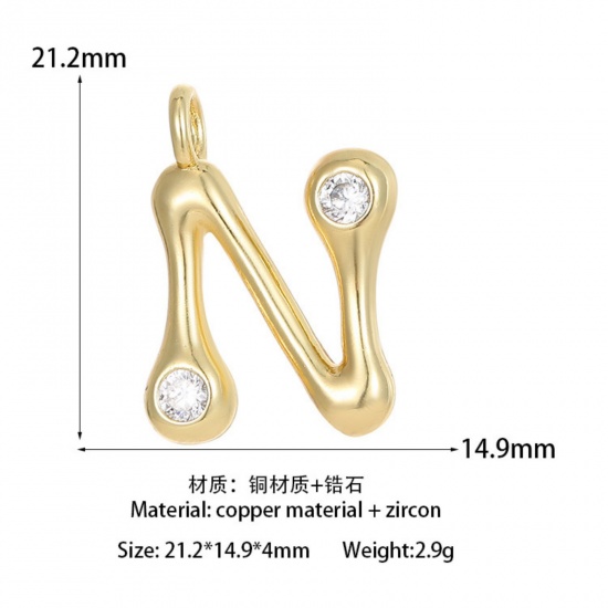 Imagen de 1 Unidad Latón Colgantes Letra Mayúscula Chapado en Oro de 14K Mensaje " N " Claro Circón Artificial 21.2mm x 14.9mm