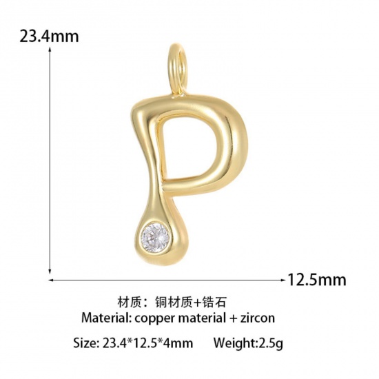 Imagen de 1 Unidad Latón Colgantes Letra Mayúscula Chapado en Oro de 14K Mensaje " P " Claro Circón Artificial 23.4mm x 12.5mm