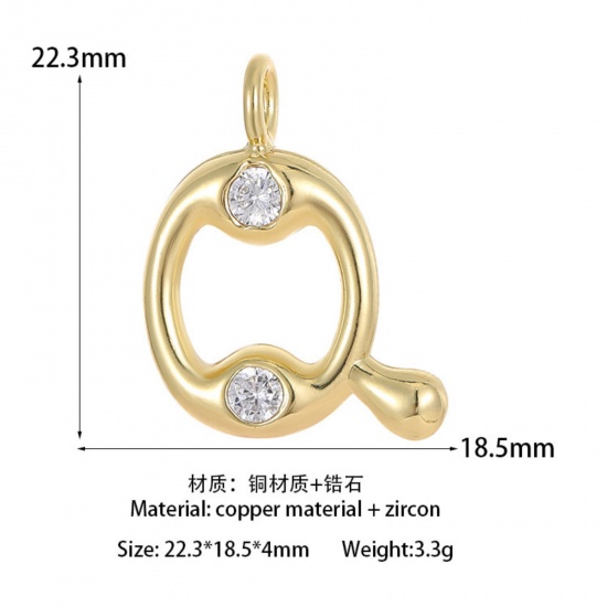 Imagen de 1 Unidad Latón Colgantes Letra Mayúscula Chapado en Oro de 14K Mensaje " Q " Claro Circón Artificial 22.3mm x 18.5mm