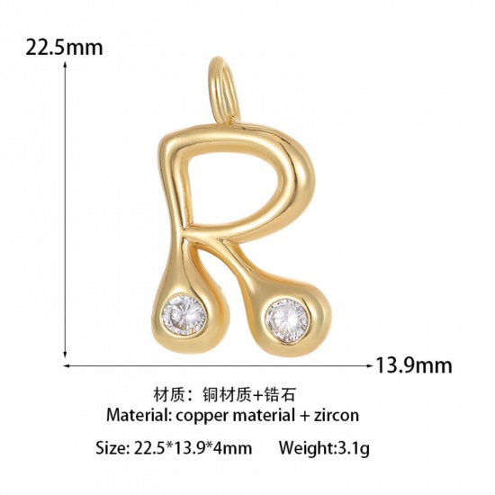 Imagen de 1 Unidad Latón Colgantes Letra Mayúscula Chapado en Oro de 14K Mensaje " R " Claro Circón Artificial 22.5mm x 13.9mm