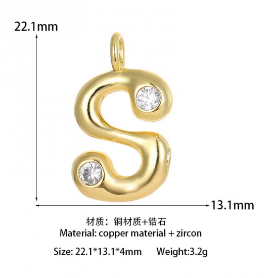 Imagen de 1 Unidad Latón Colgantes Letra Mayúscula Chapado en Oro de 14K Mensaje " S " Claro Circón Artificial 22.1mm x 13.1mm