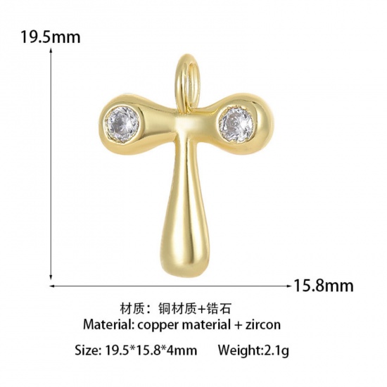Imagen de 1 Unidad Latón Colgantes Letra Mayúscula Chapado en Oro de 14K Mensaje " T " Claro Circón Artificial 19.5mm x 15.8mm