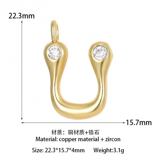 Imagen de 1 Unidad Latón Colgantes Letra Mayúscula Chapado en Oro de 14K Mensaje " U " Claro Circón Artificial 22.3mm x 15.7mm
