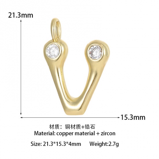 Imagen de 1 Unidad Latón Colgantes Letra Mayúscula Chapado en Oro de 14K Mensaje " V " Claro Circón Artificial 21.3mm x 15.3mm