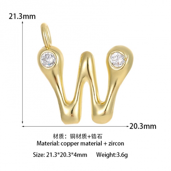 Imagen de 1 Unidad Latón Colgantes Letra Mayúscula Chapado en Oro de 14K Mensaje " W " Claro Circón Artificial 21.3mm x 20.3mm