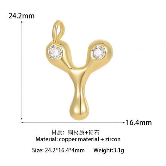 Imagen de 1 Unidad Latón Colgantes Letra Mayúscula Chapado en Oro de 14K Mensaje " Y " Claro Circón Artificial 24.4mm x 16.4mm