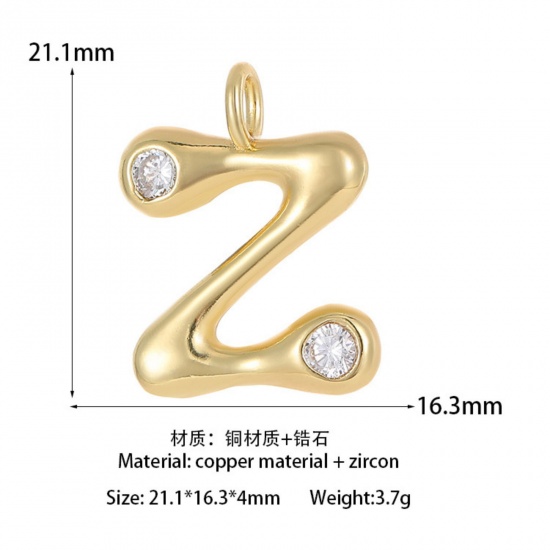 Imagen de 1 Unidad Latón Colgantes Letra Mayúscula Chapado en Oro de 14K Mensaje " Z " Claro Circón Artificial 21.1mm x 16.3mm