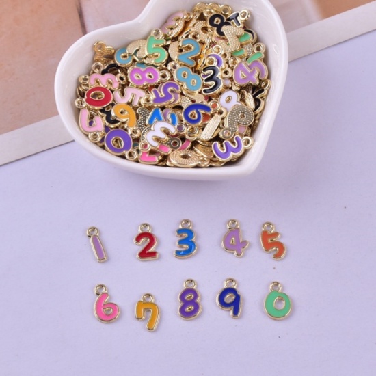 Immagine di 50 Pz Lega di Zinco Ciondoli Oro Placcato Multicolore A Caso Misto Numero Lettere " 0-9 " Smalto 13mm