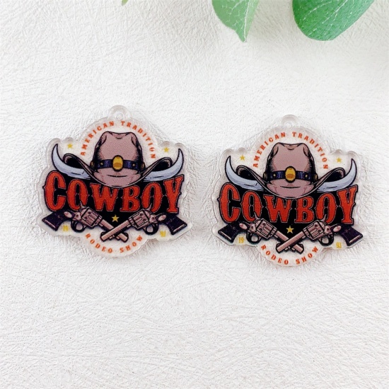 Picture of 10 PCs Acrylic West Cowboy Pendants Hat Crescent Moon Double Horn Multicolor Double Sided 3.9cm x 3.9cm