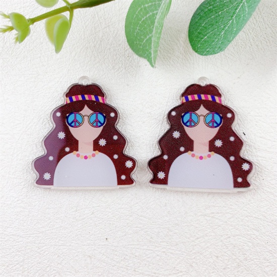 Picture of 10 PCs Acrylic West Cowboy Pendants Girl Multicolor Double Sided 4cm x 3.7cm