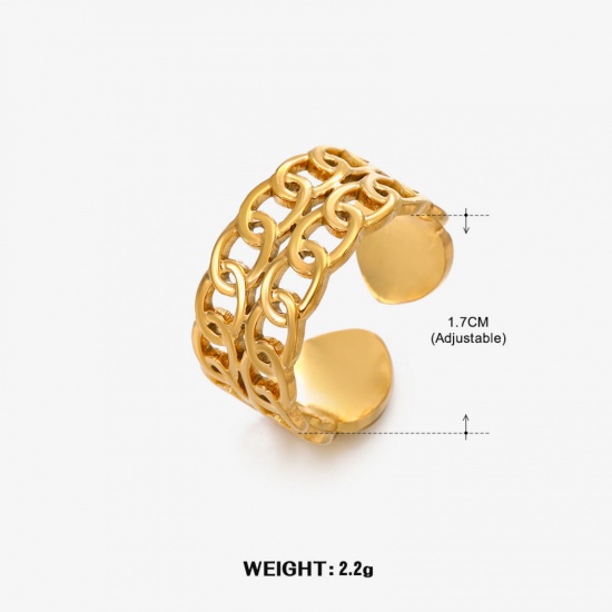 Image de 1 Piece Eco-friendly Vacuum Plating 304 Stainless Steel Open Adjustable Rings 18K Gold Plated Link Chain 17mm(US Size 6.5)