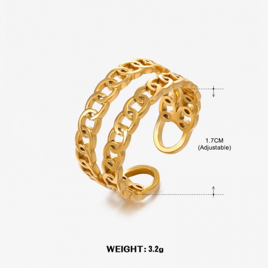 Image de 1 Piece Eco-friendly Vacuum Plating 304 Stainless Steel Open Adjustable Rings 18K Gold Plated Link Chain 17mm(US Size 6.5)