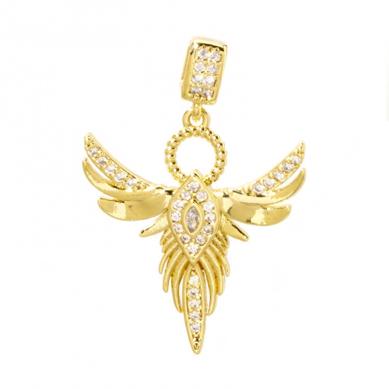 Picture of 1 Piece Brass Religious Pendants 18K Gold Plated Angel Wing Micro Pave Clear Cubic Zirconia 3.2cm x 2.2cm