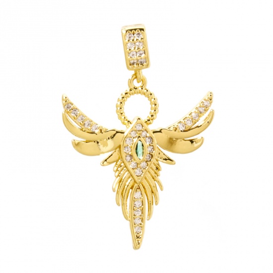 Picture of 1 Piece Brass Religious Pendants 18K Gold Plated Angel Wing Micro Pave Clear Cubic Zirconia Green Rhinestone 3.2cm x 2.2cm