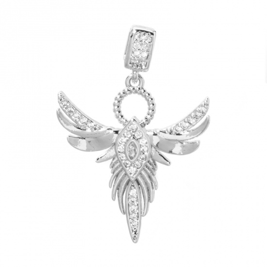 Picture of 1 Piece Brass Religious Pendants Platinum Plated Angel Wing Micro Pave Clear Cubic Zirconia 3.2cm x 2.2cm