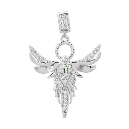 Picture of 1 Piece Brass Religious Pendants Platinum Plated Angel Wing Micro Pave Clear Cubic Zirconia Green Rhinestone 3.2cm x 2.2cm