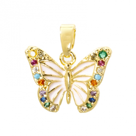 2 PCs Brass Charm Pendant 18K Gold Plated White Butterfly Animal Enamel Multicolour Cubic Zirconia 17mm x 16mm の画像