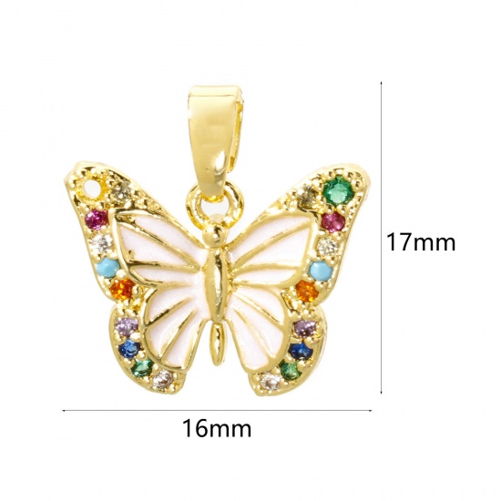 2 PCs Brass Charm Pendant 18K Gold Plated White Butterfly Animal Enamel Multicolour Cubic Zirconia 17mm x 16mm の画像