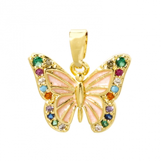 2 PCs Brass Charm Pendant 18K Gold Plated Pink Butterfly Animal Enamel Multicolour Cubic Zirconia 17mm x 16mm の画像