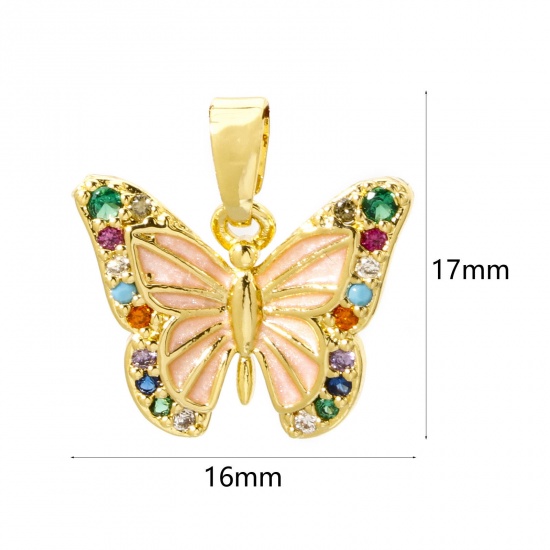 2 PCs Brass Charm Pendant 18K Gold Plated Pink Butterfly Animal Enamel Multicolour Cubic Zirconia 17mm x 16mm の画像