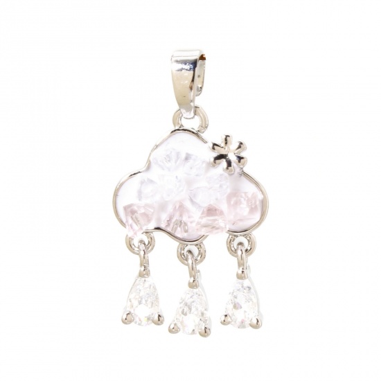 Imagen de 1 Unidad Latón Colección Meteorológica Colgantes Charms Platino Real Chapado Color rosa Nubes Panícula Esmalte Transparente Rhinestone 26mm x 14mm