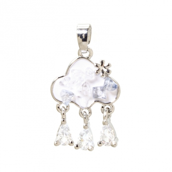 Imagen de 1 Unidad Latón Colección Meteorológica Colgantes Charms Platino Real Chapado Azul Claro Nubes Panícula Esmalte Transparente Rhinestone 26mm x 14mm