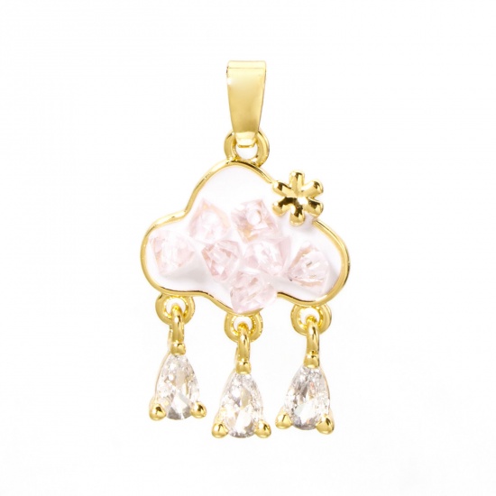 Imagen de 1 Unidad Latón Colección Meteorológica Colgantes Charms 18K Oro Real Chapado Color rosa Nubes Panícula Esmalte Transparente Rhinestone 26mm x 14mm