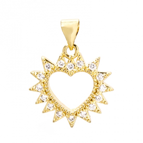 2 PCs Brass Valentine's Day Charm Pendant 18K Gold Plated Heart Hollow Clear Cubic Zirconia 22mm x 17mm の画像