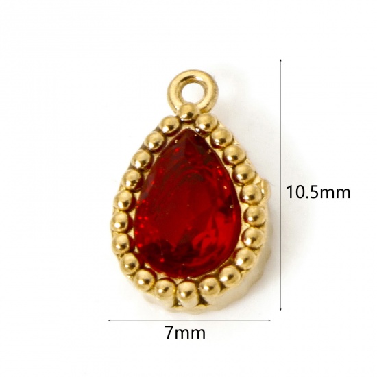 Picture of 5 PCs Eco-friendly Vacuum Plating 304 Stainless Steel Geometric Charms 18K Real Gold Plated Drop Red Cubic Zirconia 10.5mm x 7mm