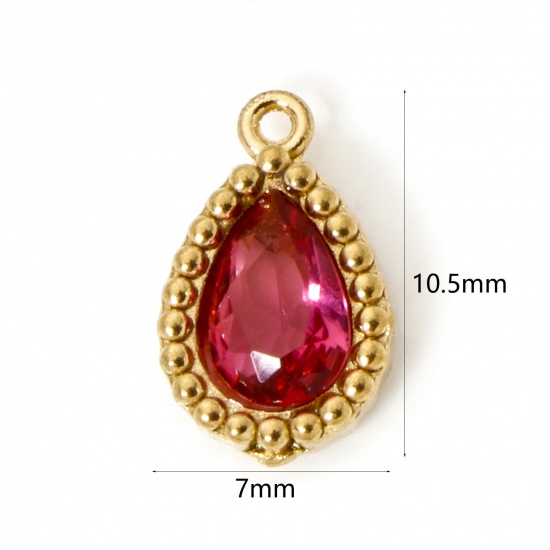 Picture of 5 PCs Eco-friendly Vacuum Plating 304 Stainless Steel Geometric Charms 18K Real Gold Plated Drop Fuchsia Cubic Zirconia 10.5mm x 7mm