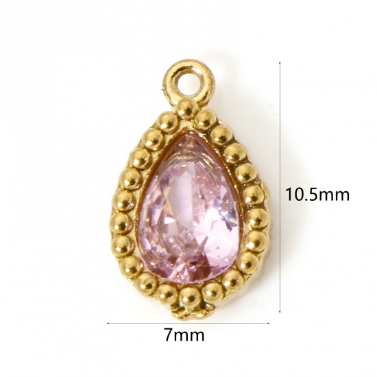 Picture of 5 PCs Eco-friendly Vacuum Plating 304 Stainless Steel Geometric Charms 18K Real Gold Plated Drop Pink Cubic Zirconia 10.5mm x 7mm