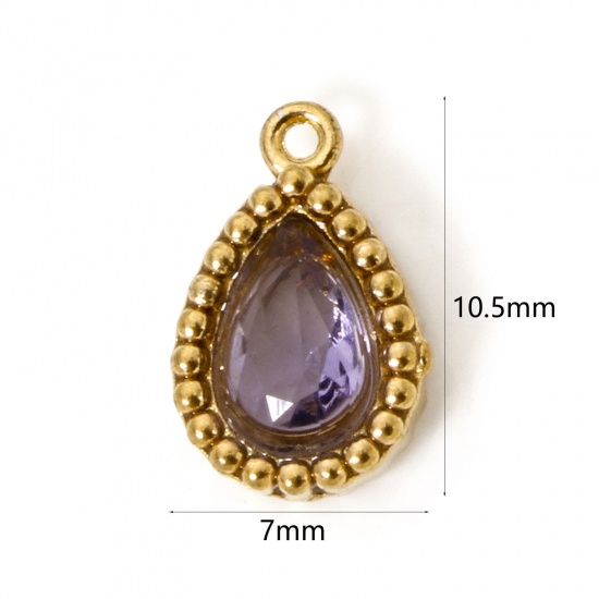 Picture of 5 PCs Eco-friendly Vacuum Plating 304 Stainless Steel Geometric Charms 18K Real Gold Plated Drop Purple Cubic Zirconia 10.5mm x 7mm