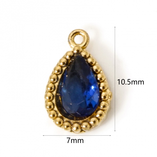 Picture of 5 PCs Eco-friendly Vacuum Plating 304 Stainless Steel Geometric Charms 18K Real Gold Plated Drop Deep Blue Cubic Zirconia 10.5mm x 7mm