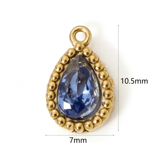 Picture of 5 PCs Eco-friendly Vacuum Plating 304 Stainless Steel Geometric Charms 18K Real Gold Plated Drop Blue Cubic Zirconia 10.5mm x 7mm