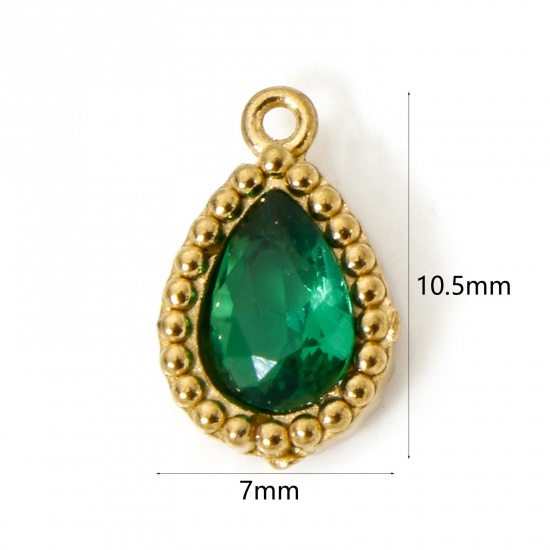 Picture of 5 PCs Eco-friendly Vacuum Plating 304 Stainless Steel Geometric Charms 18K Real Gold Plated Drop Green Cubic Zirconia 10.5mm x 7mm