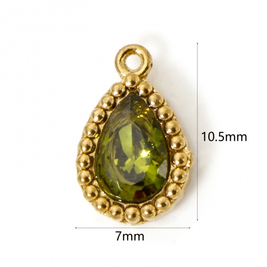 Picture of 5 PCs Eco-friendly Vacuum Plating 304 Stainless Steel Geometric Charms 18K Real Gold Plated Drop Olive Green Cubic Zirconia 10.5mm x 7mm