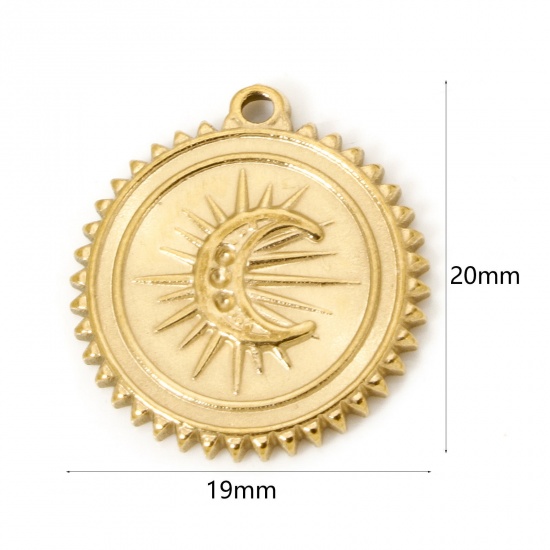 Picture of 2 PCs Eco-friendly Vacuum Plating 304 Stainless Steel Galaxy Charms 18K Real Gold Plated Round Moon 20mm x 19mm