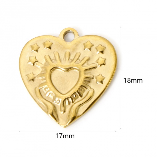 Picture of 2 PCs Eco-friendly Vacuum Plating 304 Stainless Steel Valentine's Day Charms 18K Real Gold Plated Heart Hand 18mm x 17mm