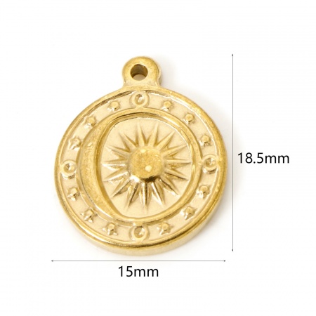 Picture of 2 PCs Eco-friendly Vacuum Plating 304 Stainless Steel Galaxy Disc Charms 18K Real Gold Plated Round Sun 18.5mm x 15mm