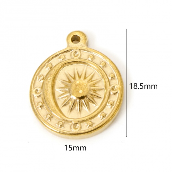 Picture of 2 PCs Eco-friendly Vacuum Plating 304 Stainless Steel Galaxy Charms 18K Real Gold Plated Round Sun 18.5mm x 15mm