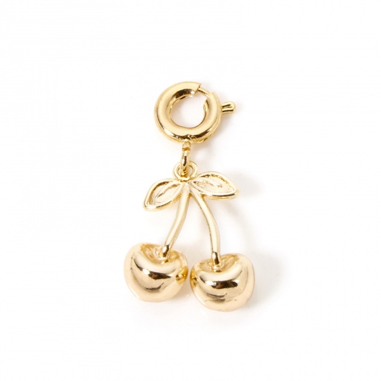 1 Piece Eco-friendly Brass Charms 18K Real Gold Plated Cherry Fruit With Spring Ring Clasp 3D 22mm x 12mm の画像