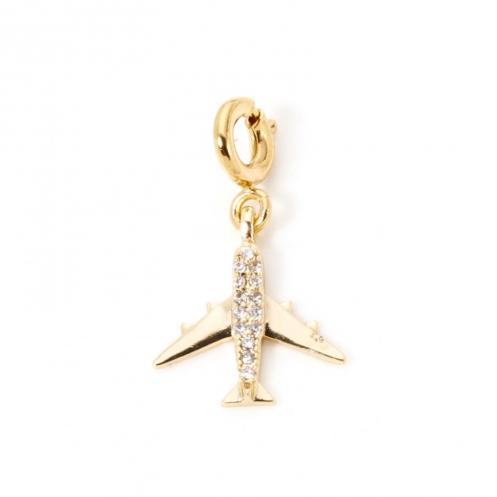 1 Piece Eco-friendly Brass Travel Charms 18K Real Gold Plated Airplane With Spring Ring Clasp Clear Cubic Zirconia 22mm x 13mm の画像