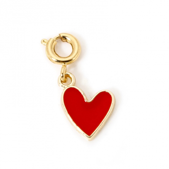 1 Piece Eco-friendly Brass Valentine's Day Charms 18K Real Gold Plated Red Heart With Spring Ring Clasp Enamel 19mm x 10mm の画像