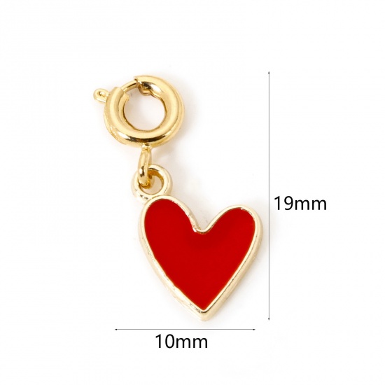 1 Piece Eco-friendly Brass Valentine's Day Charms 18K Real Gold Plated Red Heart With Spring Ring Clasp Enamel 19mm x 10mm の画像