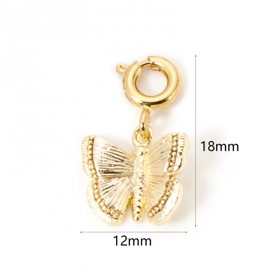 1 Piece Eco-friendly Brass Charms 18K Real Gold Plated Butterfly Animal With Spring Ring Clasp 3D 18mm x 12mm の画像