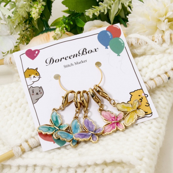 Picture of 1 Set Alloy Knitting Stitch Markers Butterfly Animal Gold Plated Multicolor 4.3cm x 2.1cm