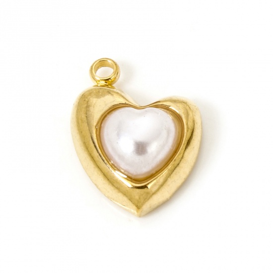 Picture of 2 PCs Eco-friendly 304 Stainless Steel Charms 18K Gold Plated Heart Acrylic Imitation Pearl 14mm x 10.5mm