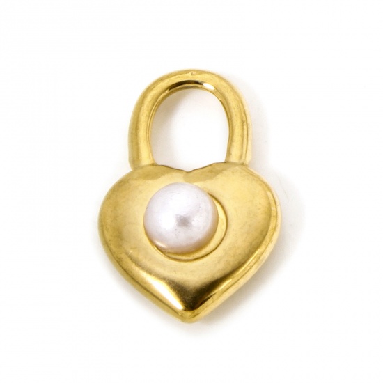 Picture of 2 PCs Eco-friendly 304 Stainless Steel Charms 18K Gold Plated Lock Acrylic Imitation Pearl 19mm x 12mm